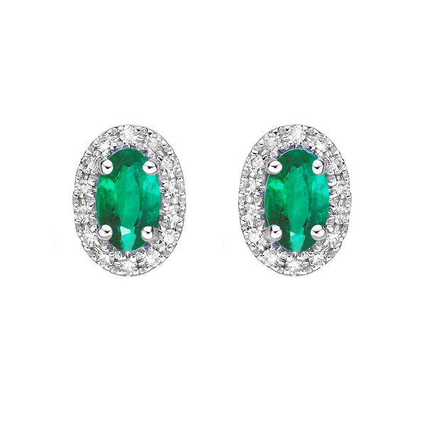 10K White Gold Prong-set Emerald Earrings with Diamond Halo