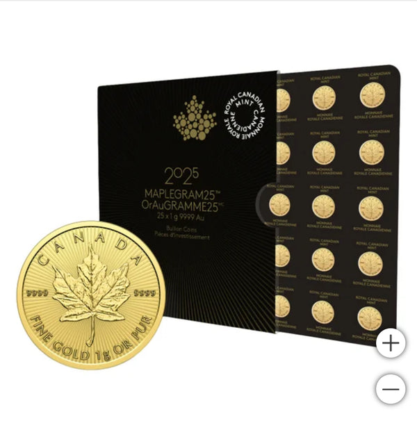 25 x 1g 2025 Canadian Maple Leaf Gold Coins
