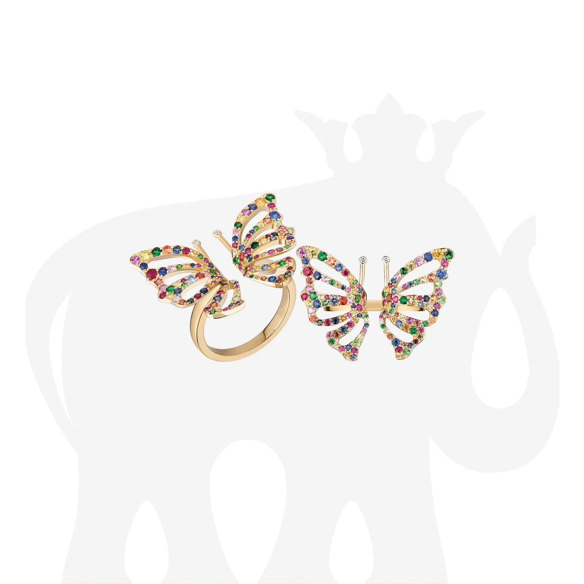 18K Yellow Gold Rainbow Sapphire &amp; Diamond Butterfly Ring