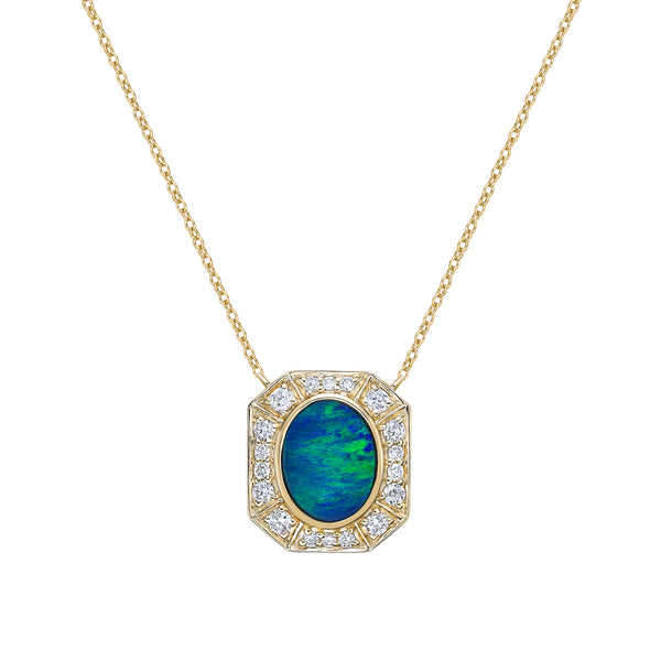 10K Yellow Gold Bezel-set australian Opal Doublet Necklace with Diamond Halo