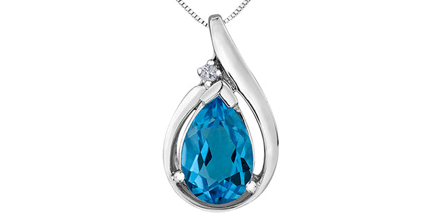 10K White Gold 9x6mm Blue Topaz and 0.015cttw Diamond Necklace - 18 Inches