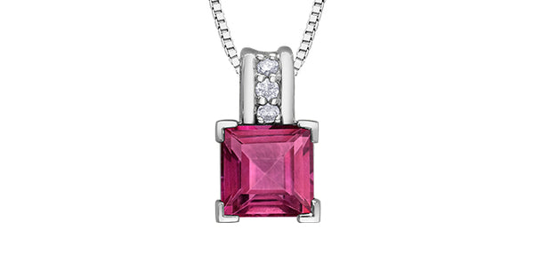 10K White Gold Pink Topaz and Diamond Necklace 18" - White gold