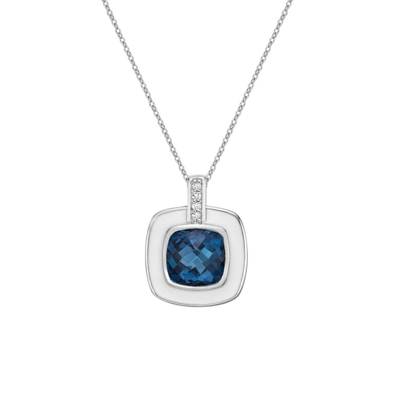 10K White Gold London Blue Topaz, Diamond and White Enamel Necklace - 18 Inches