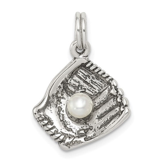 925 Sterling Silver Antique Finish Baseball Glove with Simulated Pearl Charm - 15.45mm x 15mm