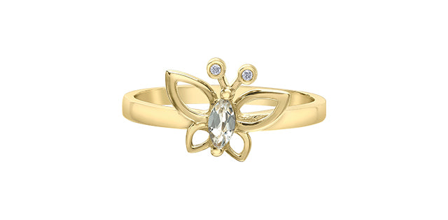 10K Yellow Gold White Topaz and Diamond Butterfly Ring