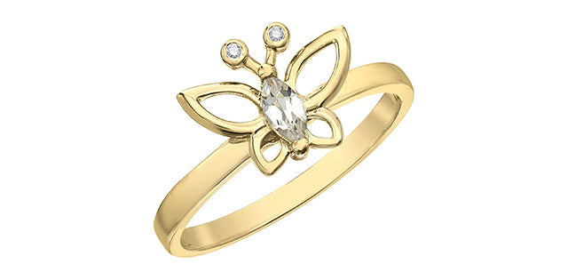 10K Yellow Gold White Topaz and Diamond Butterfly Ring