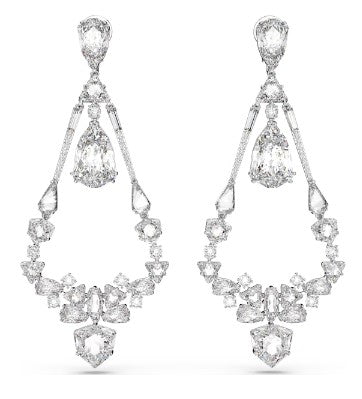 Swarovski Mesmera clip earrings, Mixed cuts, Chandelier, Long, White, Rhodium plated - 5665827