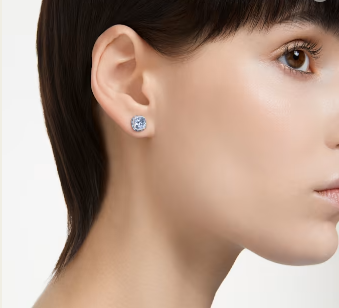 Swarovski Birthstone stud earrings, Square cut, March, Blue, Rhodium plated - 5660800