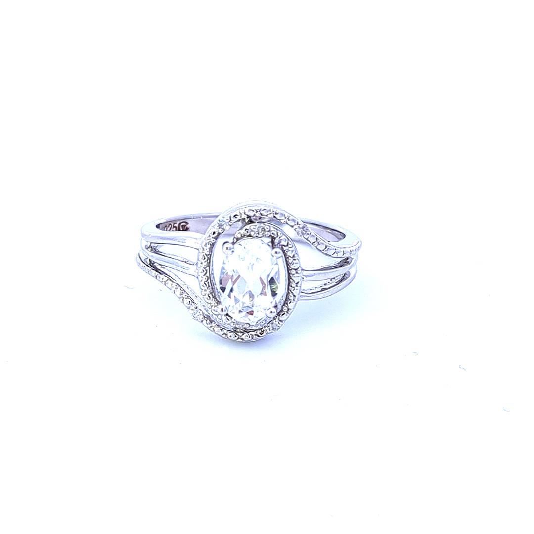Sterling Silver White Topaz and Diamond Ring, size 6