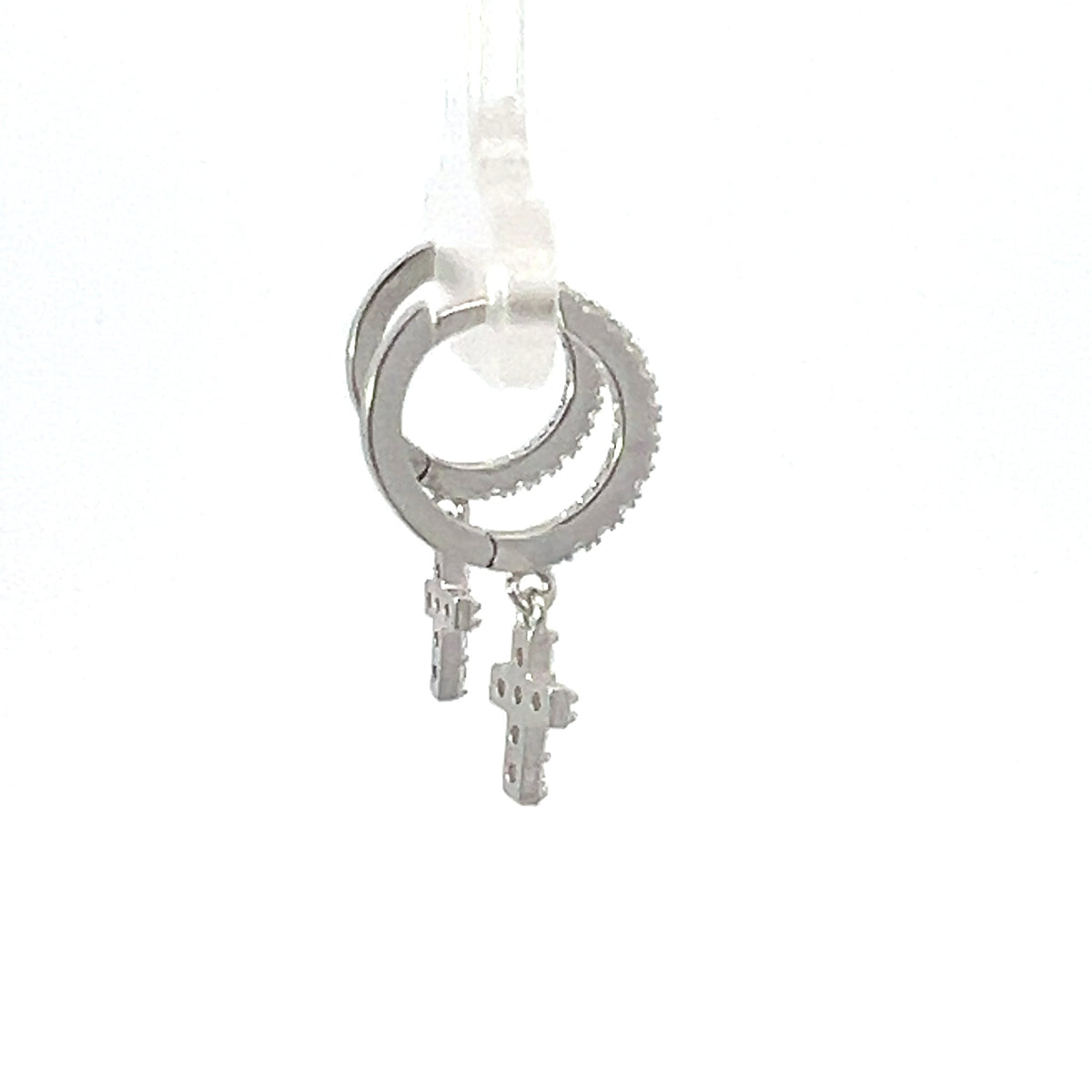 925 Silver Earrings Cubic Zirconia Huggies with Dangling Cross with Cubic Zirconia