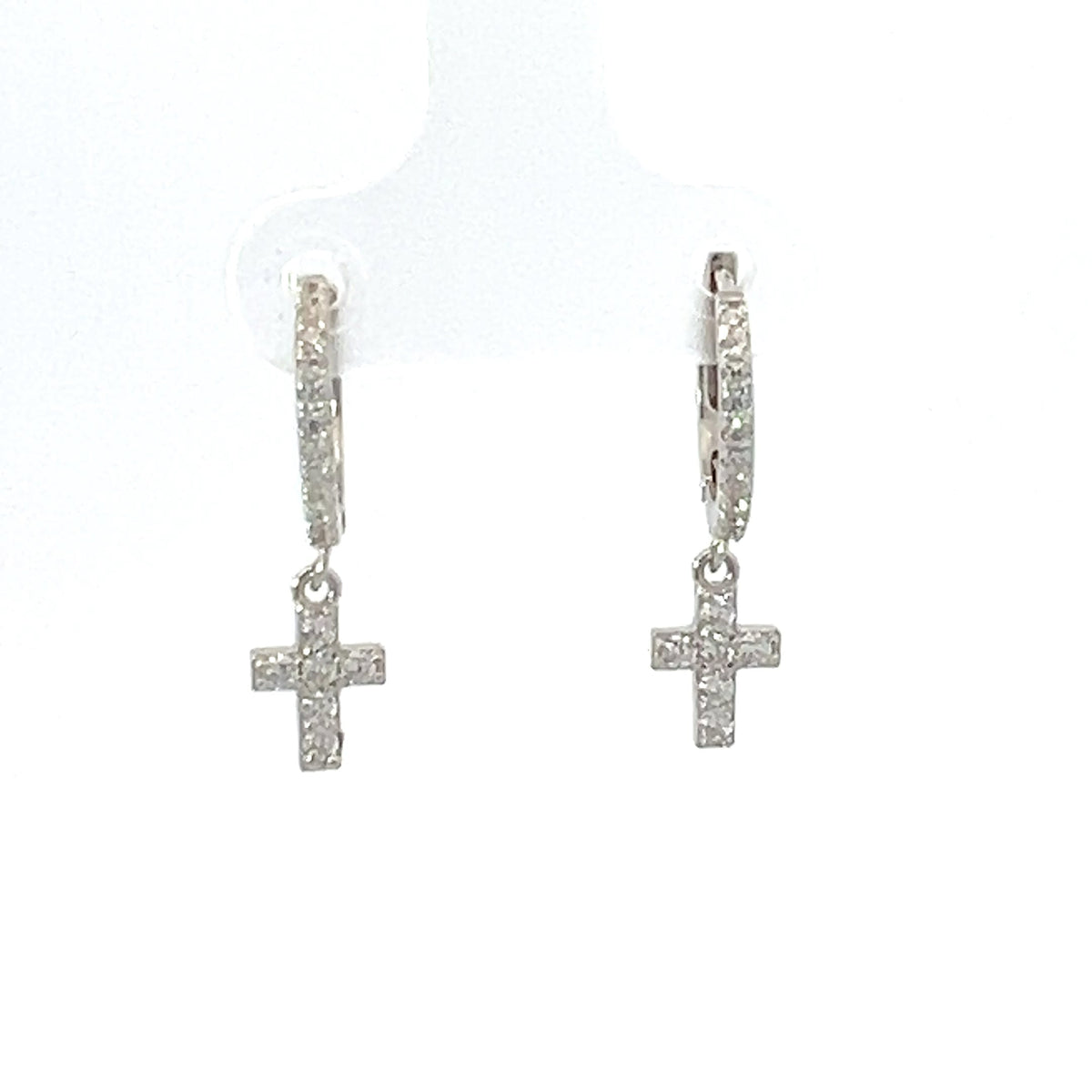 925 Silver Earrings Cubic Zirconia Huggies with Dangling Cross with Cubic Zirconia
