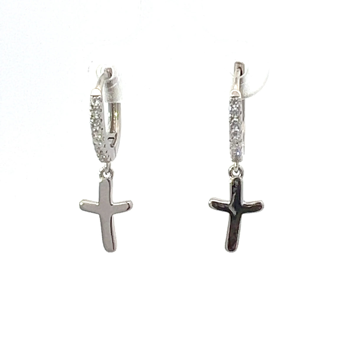 925 Silver Earrings Cubic Zirconia Huggies with Dangling Cross