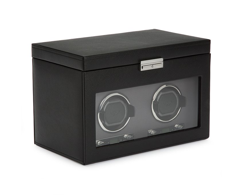 A black Viceroy double watch winder with storage, made of vegan leather, displaying two watch rotors through a clear glass lid.
