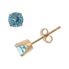 10K Yellow Gold 3mm Synthetic Aquamarine Stud Earrings with 4 Claw Setting