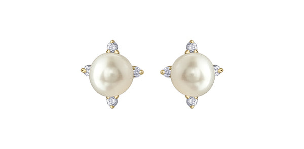 10K Yellow Gold Pearl and Diamond Earrings with Butterfly Backs