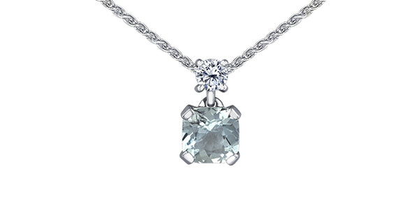 14K White Gold Aquamarine and Canadian Diamond Pendant - 18"
