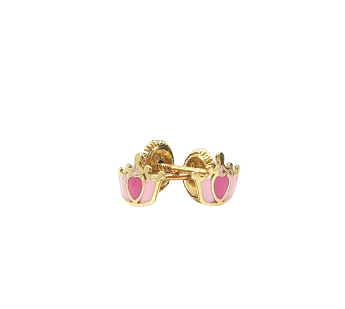 10K Yellow Gold Pink Enamel Crown Earrings with Screw Backs - 5mm x 7mm