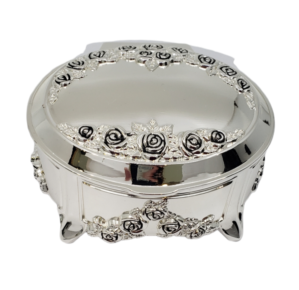Silver Plated Oval with Roses Musical Trinket Box with Legs