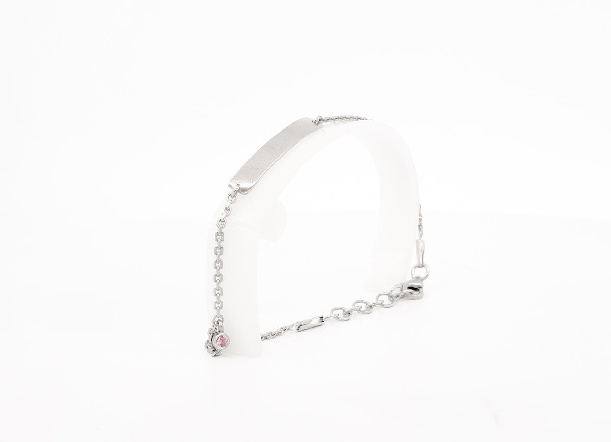 Engraveable 925 Sterling Silver Bar Baby Bracelet with Pink Cubic Zirconia adjustable rolo link 6.5&quot;
