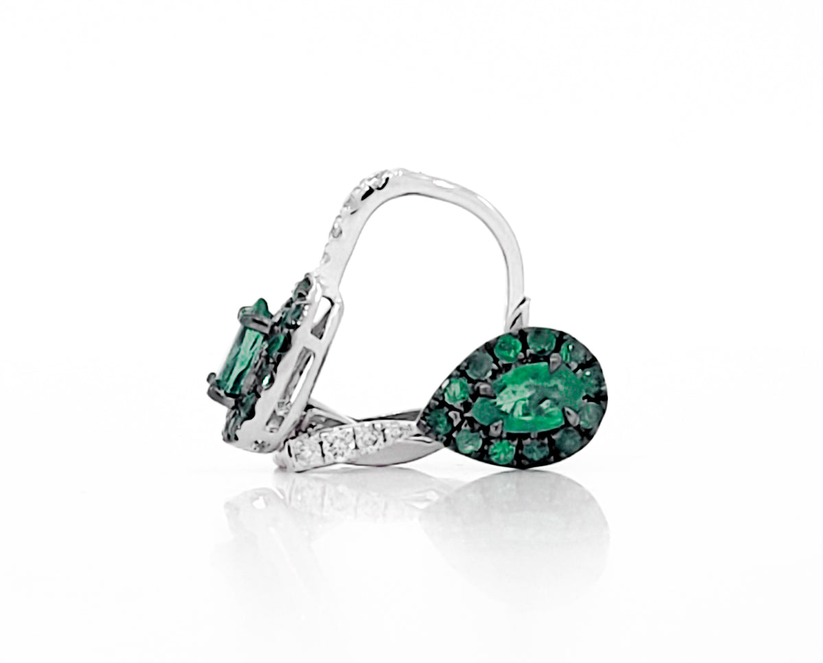 10K White Gold 0.60cttw Emerald and 0.06cttw Diamond Halo Lever Back Earrings
