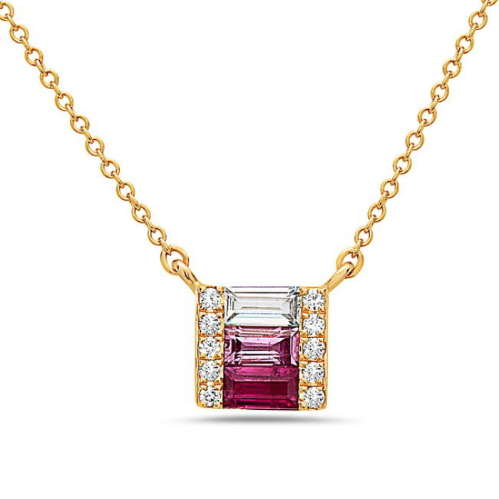 14K Yellow Gold Ruby, Pink Sapphire, White Topaz and Diamond Necklace, 18&quot;
