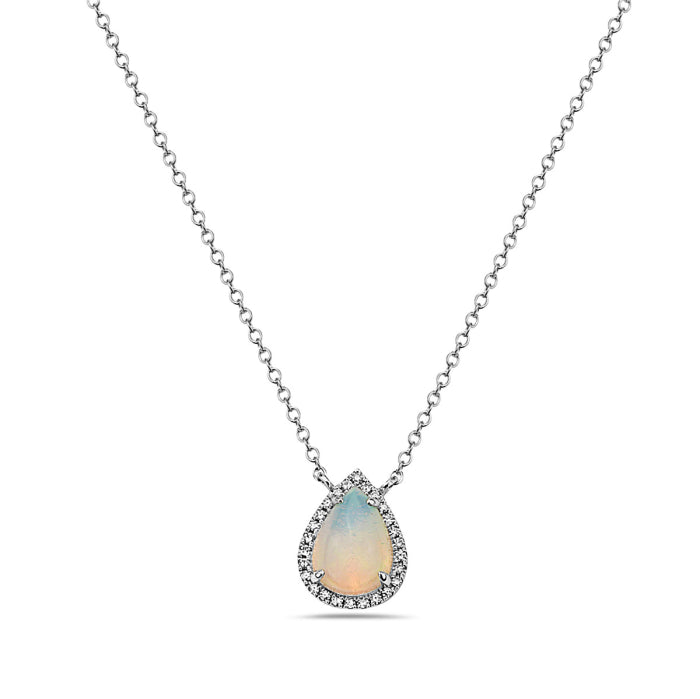 14K White Gold 0.76cttw Opal and 0.06cttw Diamond Halo Necklace, 18 Inches