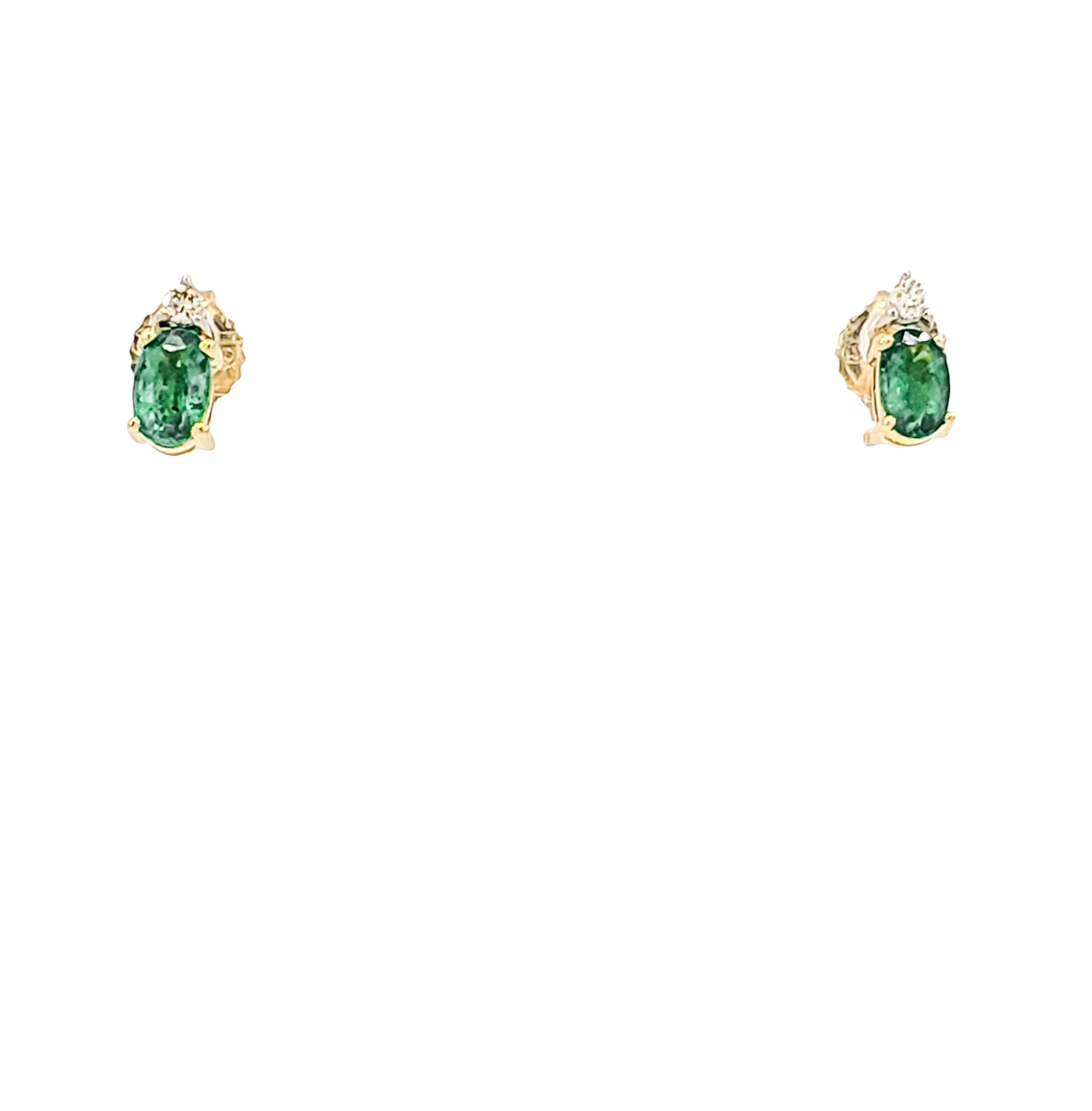 10K Yellow Gold  Oval Cut Emerald and Diamond Stud Earrings