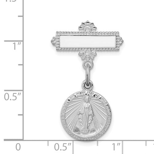 Sterling Silver Rhodium-plated Miraculous Medal Dangle Pin Brooch
