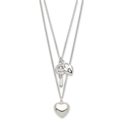 Sterling Silver 2-Strand Heart and Key Necklace - 18&quot;