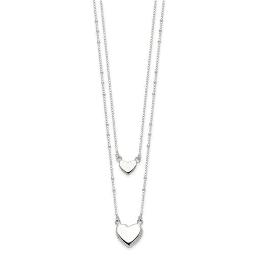 Sterling Silver Polished 2-Strand Heart Dangle Necklace - 18&quot;