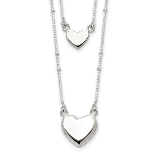 Sterling Silver Polished 2-Strand Heart Dangle Necklace - 18&quot;