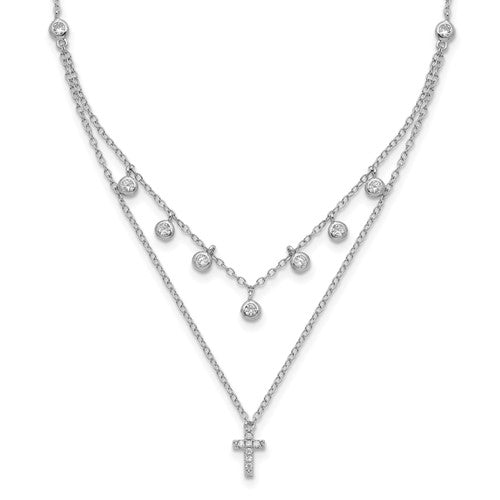 Sterling Silver Rhodium-plated CZ Cross with 2in ext. Necklace - 16-18&quot;