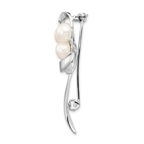 Sterling Silver Rhodium-plated Ribbon with 7-8mm White Button Freshwater Cultured Pearls Pin Brooch