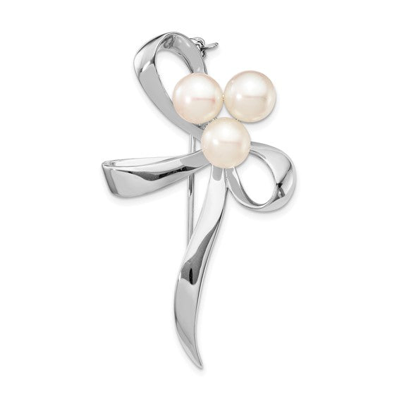 Sterling Silver Rhodium-plated Ribbon with 7-8mm White Button Freshwater Cultured Pearls Pin Brooch