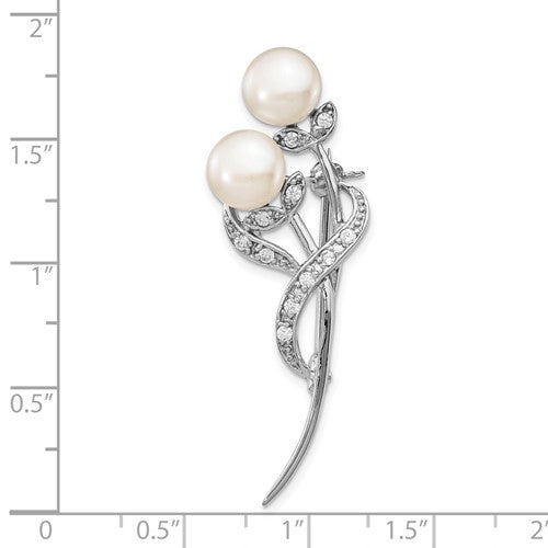 Sterling Silver Rhodium-plated Flowers with Cubic Zirconia and 7-8mm White Button Freshwater Cultured Pearls Pin Brooch