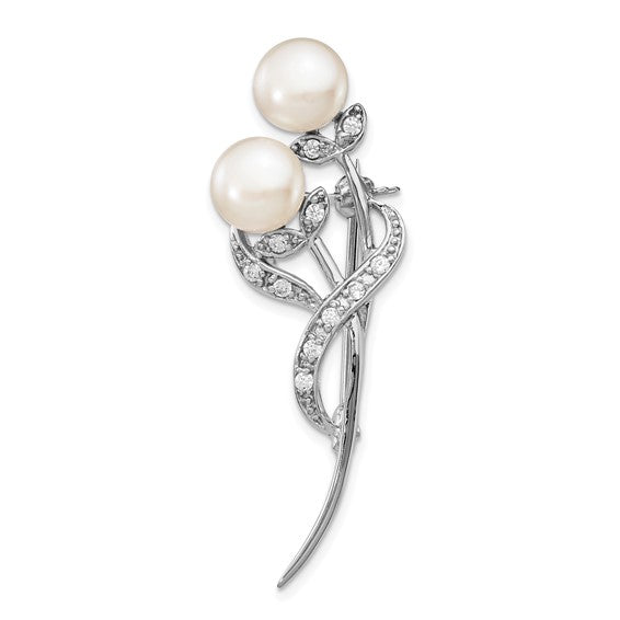 Sterling Silver Rhodium-plated Flowers with Cubic Zirconia and 7-8mm White Button Freshwater Cultured Pearls Pin Brooch