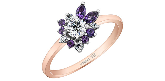 14K Rose Gold Amethyst and Canadian Diamond Ring, size 6
