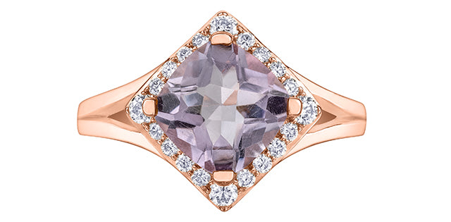10K Rose Gold Pink Amethyst and Canadian Diamond Ring, size 6