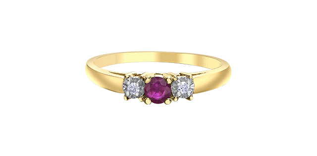 10K Yellow Gold Ruby and Diamond 3 Stone Ring - Size 6