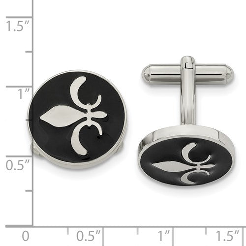 Stainless Steel Polished Enameled with Fleur de lis Circle Cufflinks