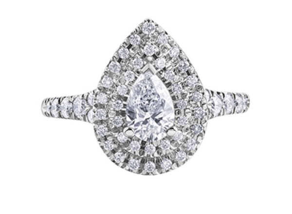 18K White Gold/Palladium Alloy (hypoallergenic) 1.00cttw Pear Shape Double Halo Diamond Ring