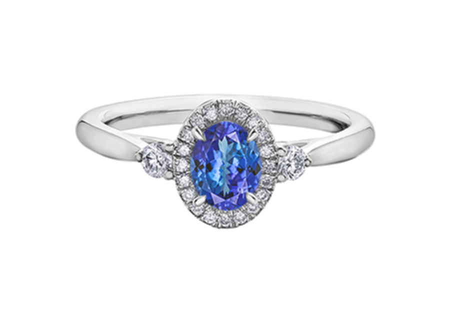 14K White Gold Genuine Oval Shape Tanzanite and 0.21cttw Canadian Diamond Ring, size 6.5