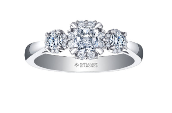 18K White Gold & Palladium Alloy (hypoallergenic) 1.09cttw Canadian 3 Stone Diamond Engagement Ring