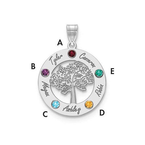 Tree of Life Cutout Circle Charm with Names and Birthstones (up to 5 names and birthstones)