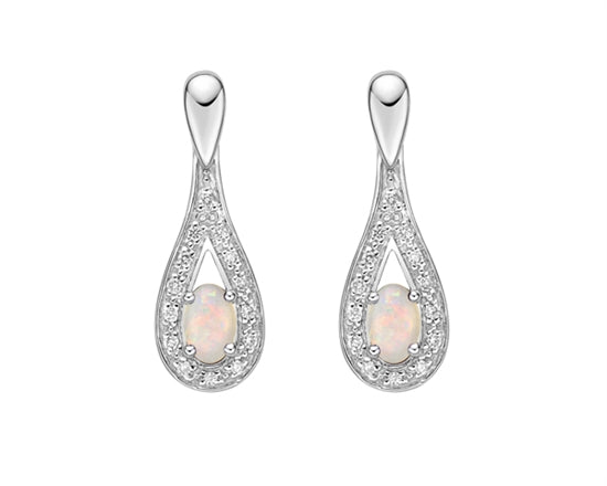 10K White Gold 5x3mm Oval Cut White Opal and 0.115cttw Diamond Dangle Earrings with Butterfly Backings