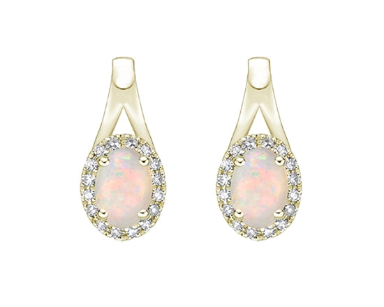 10K Yellow Gold 6x4mm Oval Cut White Opal and 0.11cttw Diamond Halo Earrings with Leverbacks