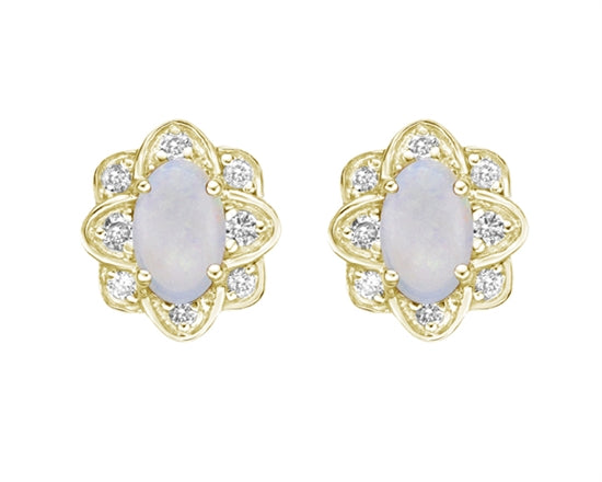 10K Yellow Gold 5x3mm Oval Cut White Opal and 0.08cttw Diamond Halo Stud Earrings with Butterfly Backings
