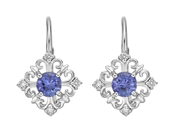 10K White Gold 4mm Round Cut Tanzanite and 0.10cttw Diamond Earrings with Leverbacks