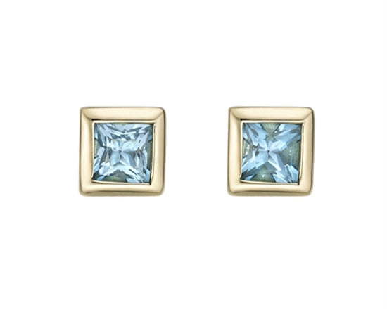10K Yellow Gold 3mm Blue Topaz Princess Cut Bezel Set Earrings
