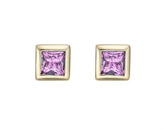 10K Yellow Gold 3mm Princess Cut Pink Tourmaline Stud Earrings with Butterfly Backings
